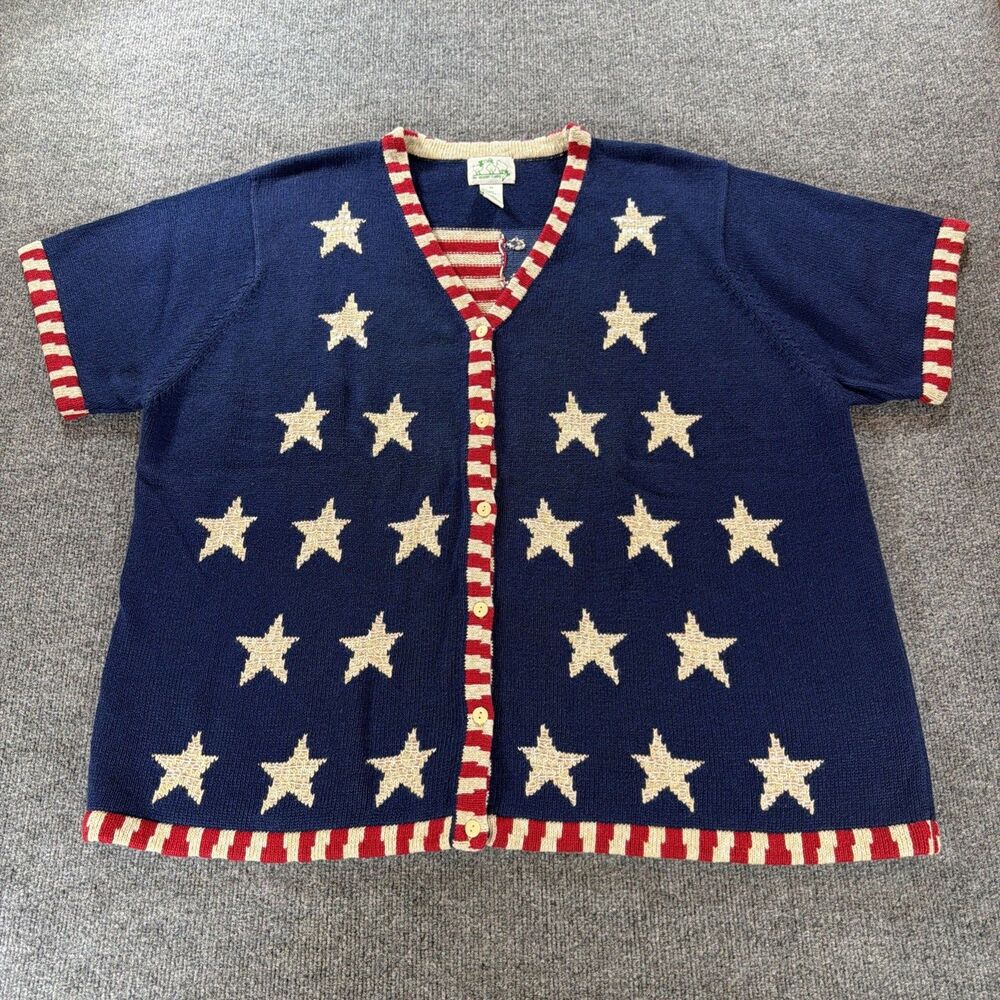 The Quacker Factory Vtg American Stars&Stripes Short Sleeve Knit Cardigan 3X